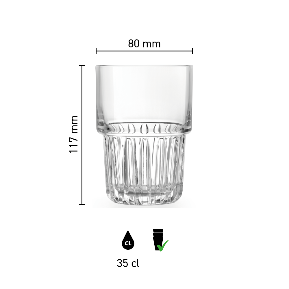 Infographic showing the exact product dimensions of the long drink glass Onis Everest 35 cl glass model.